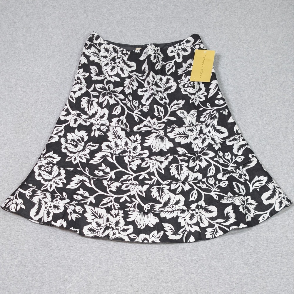 Transitions 100% Linen Tiered Skirt Womens Size 10 Lined Knee Length Floral NEW